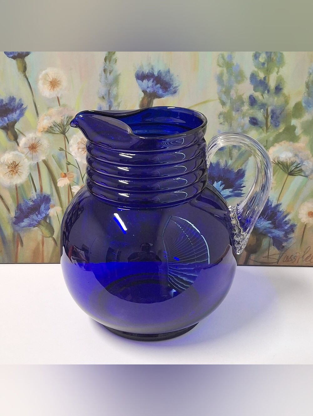 Vintage Cobalt Blue Ribbed Neck Clear Reeded Handle Ice Lip Ball Shaped Pitcher